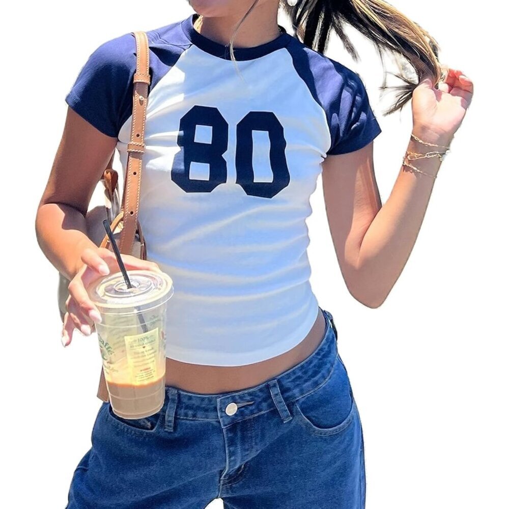 Women Jersey Crop Top Short Sleeve Y2k Graphic Baby Tee Summer Teen Casual